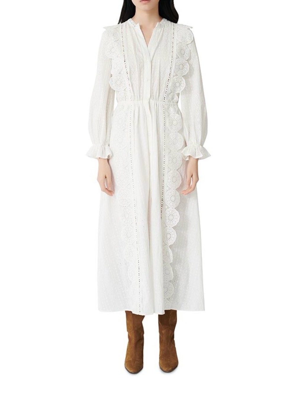 Maje White Eyelet Lace Maxi Dress with Scalloped Trim